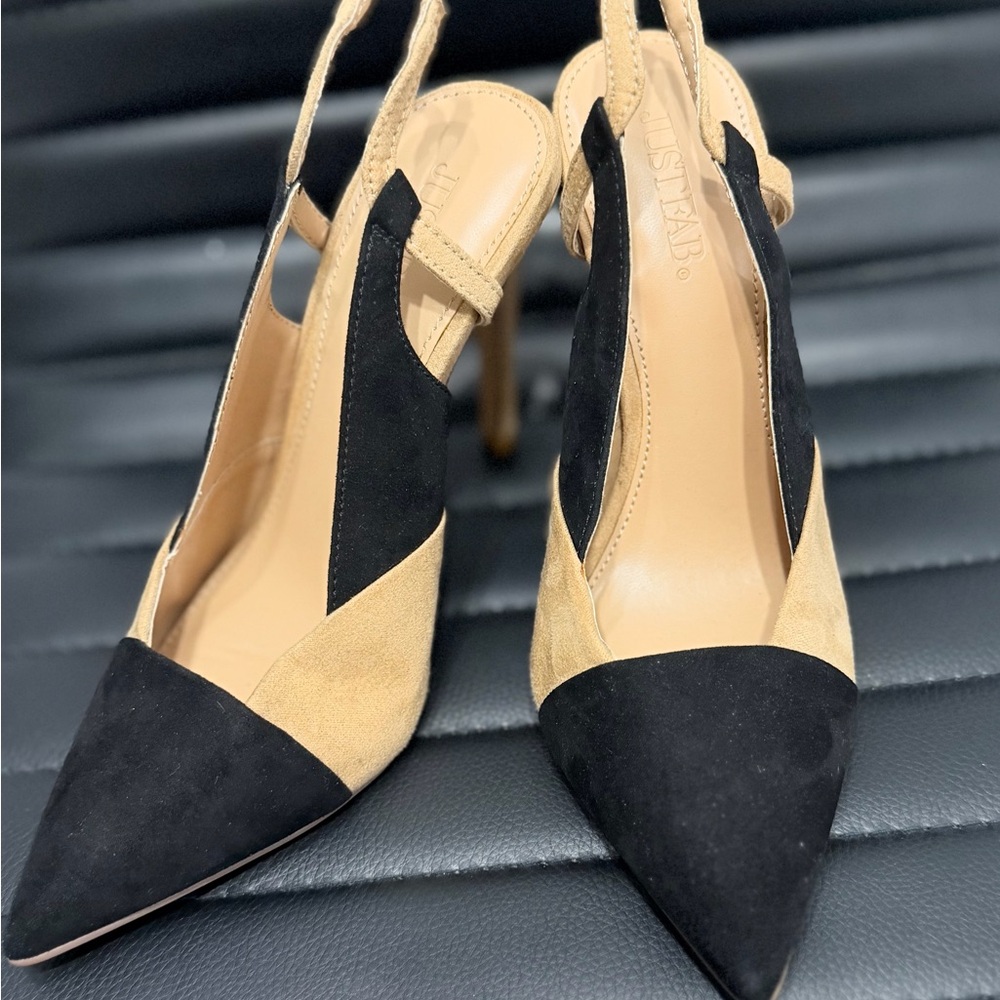 JustFab Two-Tone Black and Tan Heels